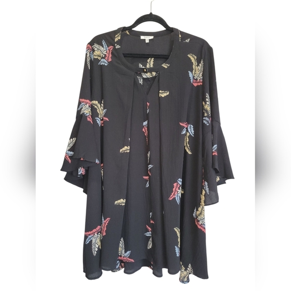 Large JODIFL Black Feather Print Ruffle Wide Sleeve Relaxed Fit Midi Dress - Picture 1 of 5